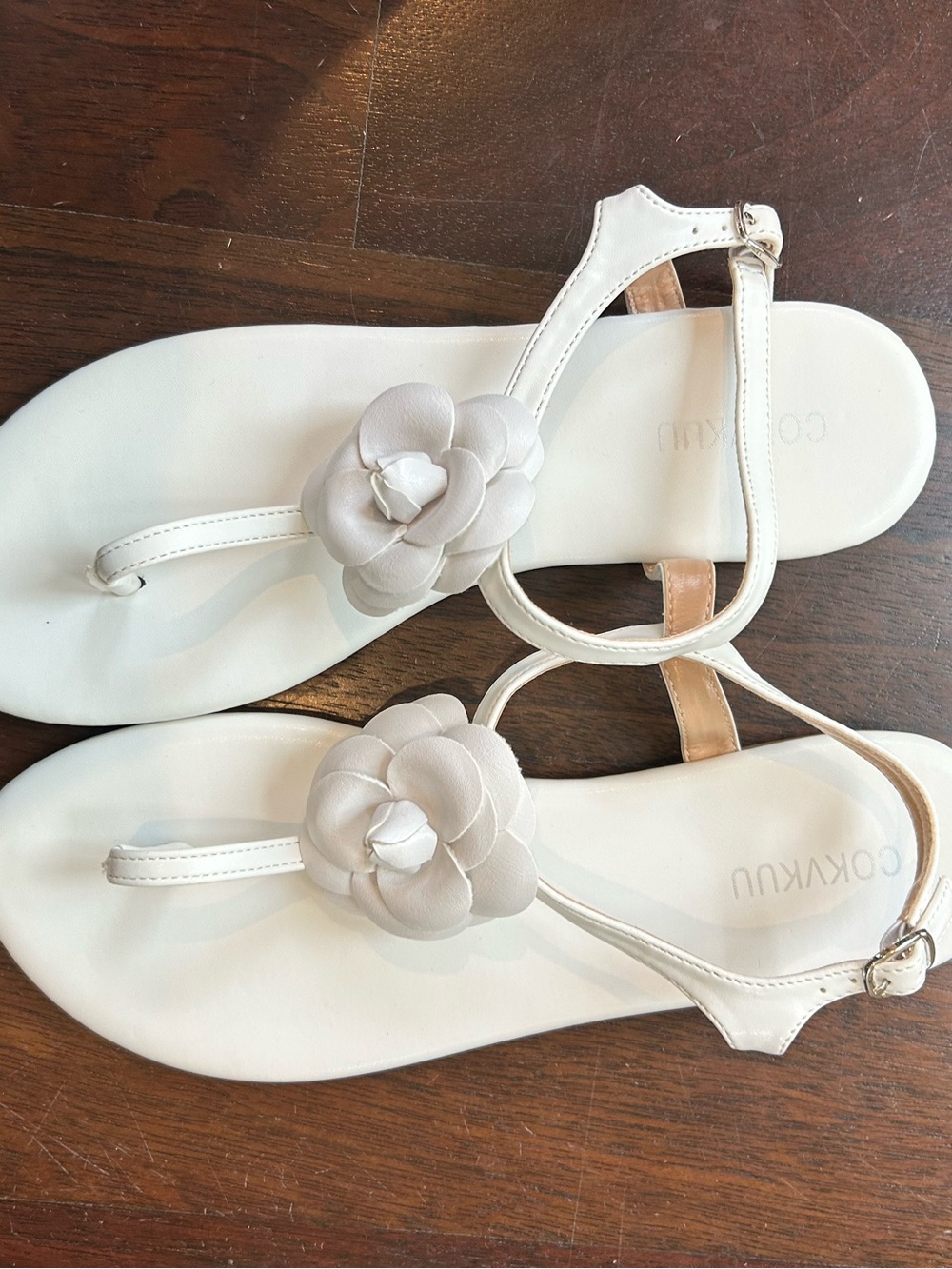 White Floral T-Strap Women's Sandals